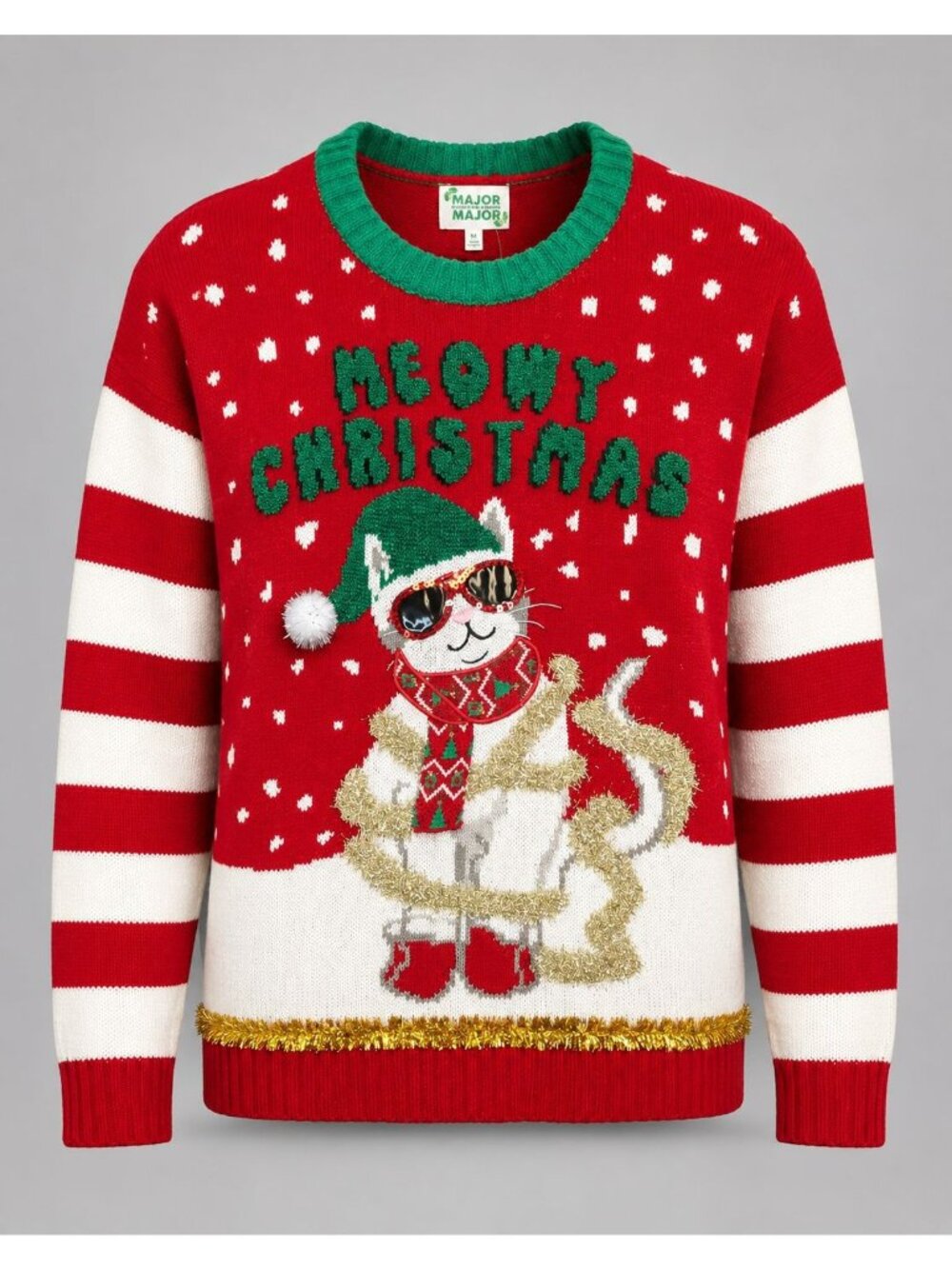 Meowy Christmas Womens Size Medium Ugly Christmas Sweater Cat Red White Stripes